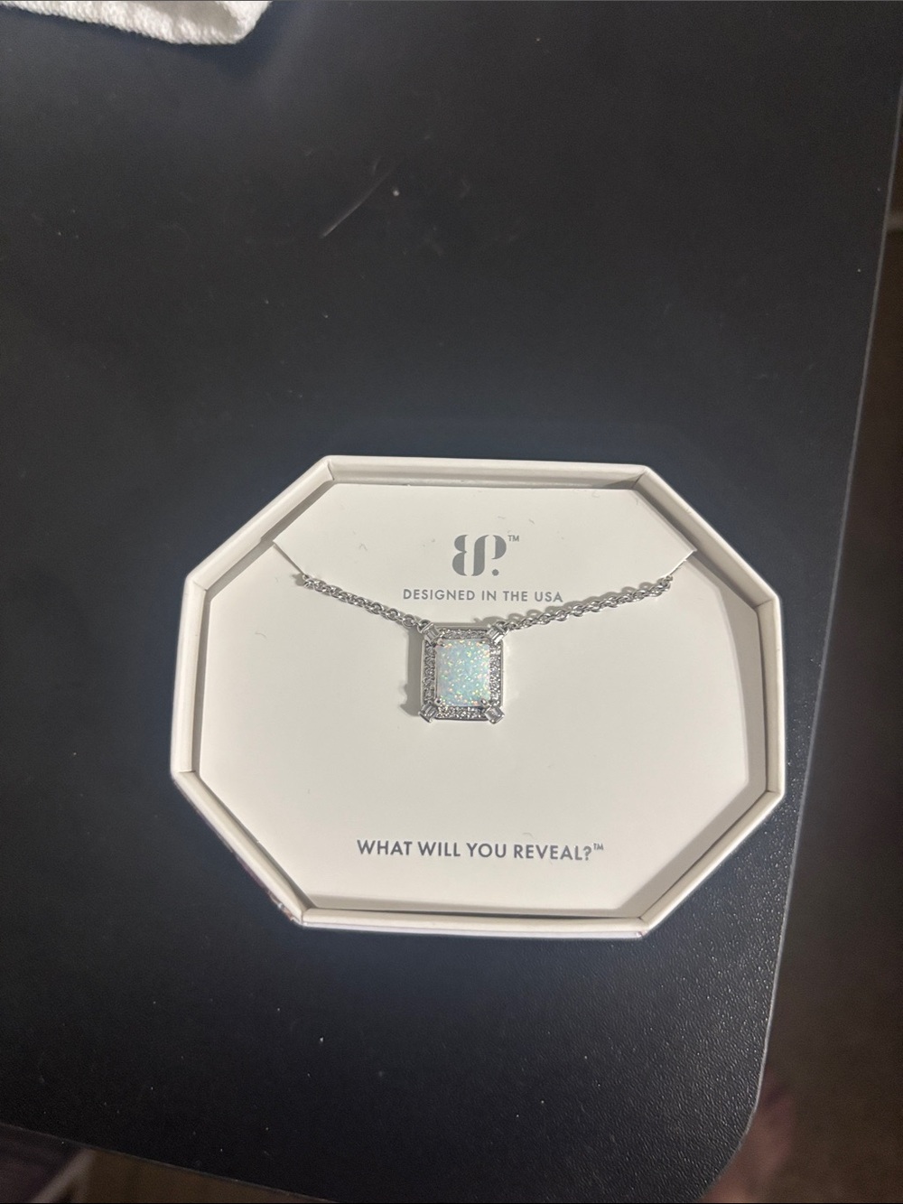Square Opal Halo Necklace in Silver - Designed in the USA